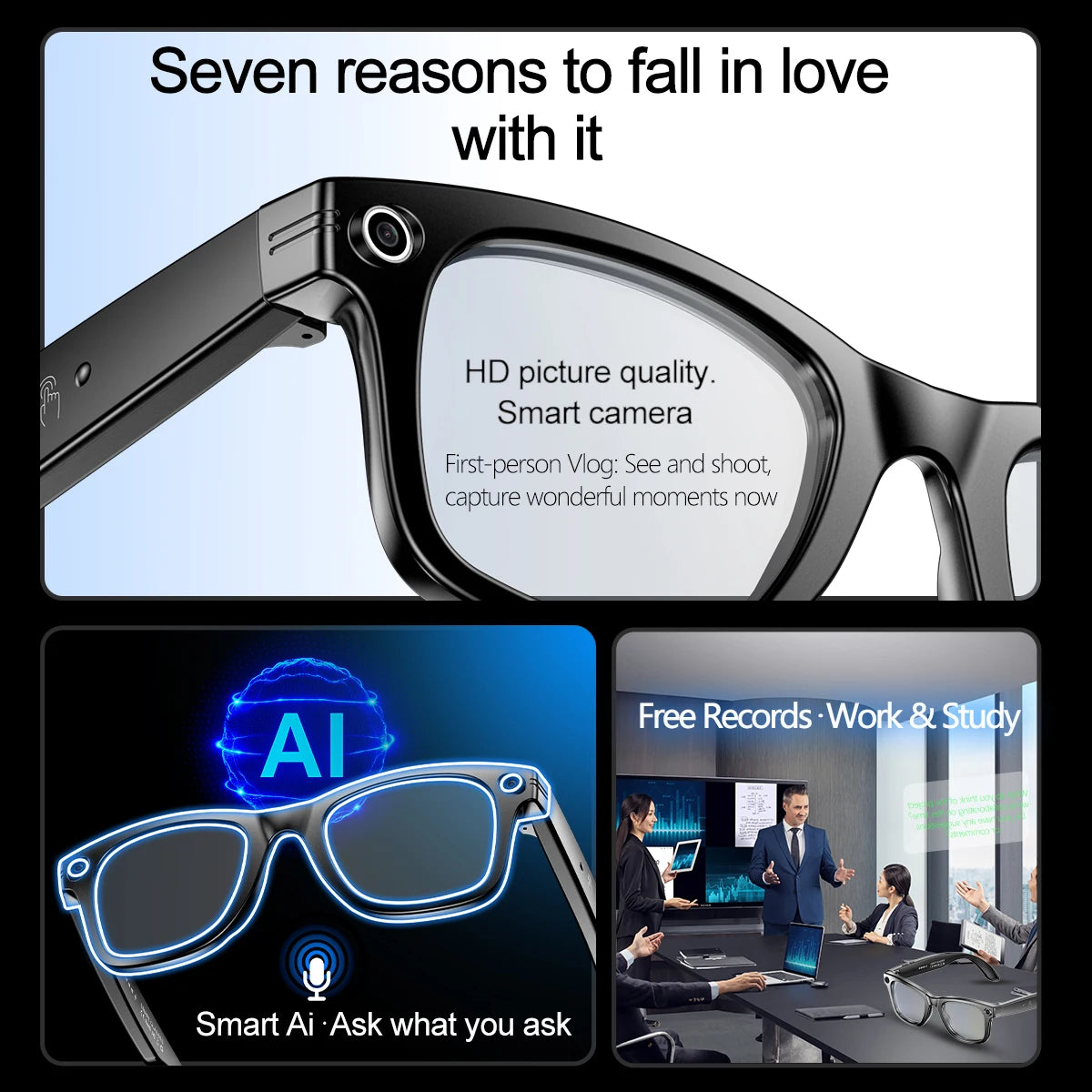 2025 New AI Interaction Smart Glasses with Camera Photo Video Record Translation Music Smart Sunglasses Bluetooth Call Headphone